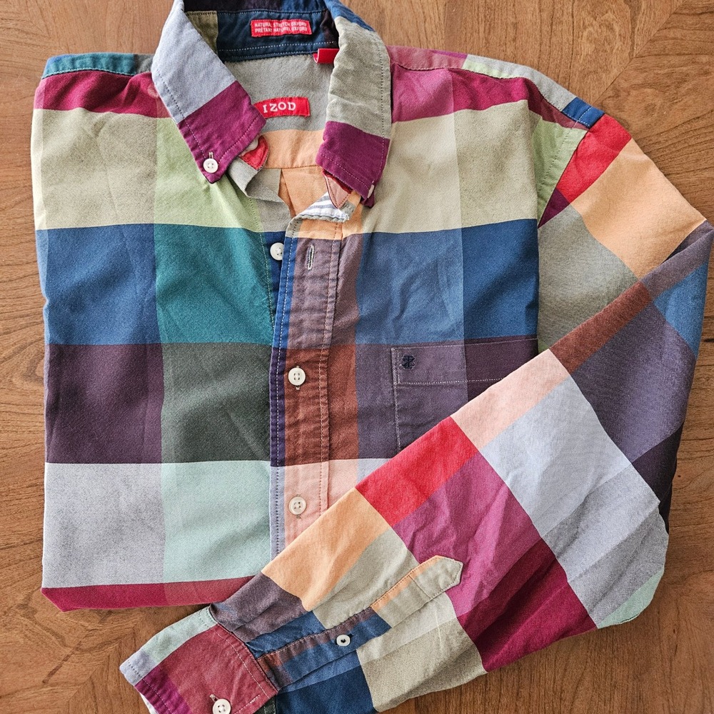 Vintage IZOD Madras Plaid Oxford Button Up Shirt Men's S Preppy Coastal Unisex